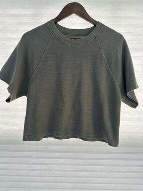 Aerie Olive Ribbed Cropped Sweatshirt XS Lightweight Short Sleeve Raglan Top